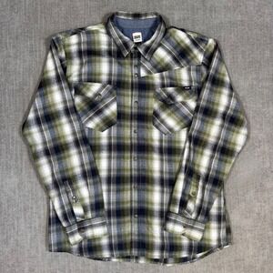 Volcom Plaid Flannel Shirt XL Green Blue Snap Front Workwear